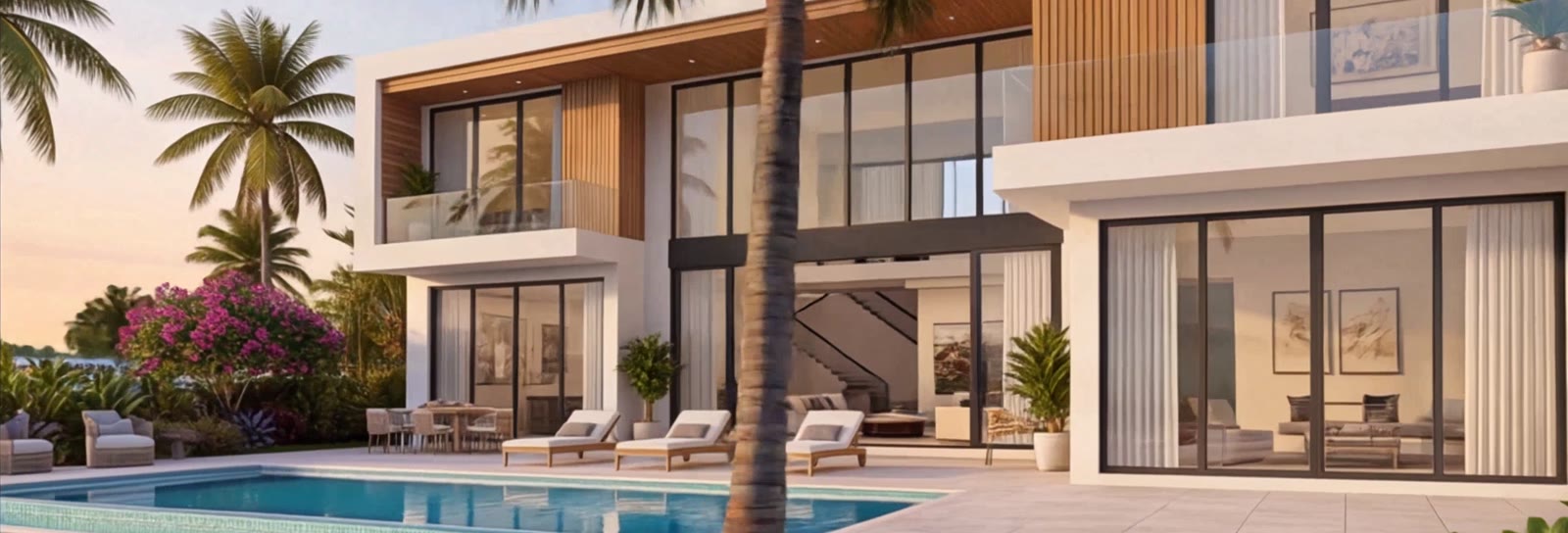 Arquitectura residencial contemporánea en el sur de Florida: fachada acristalada, terraza y piscina al atardecer